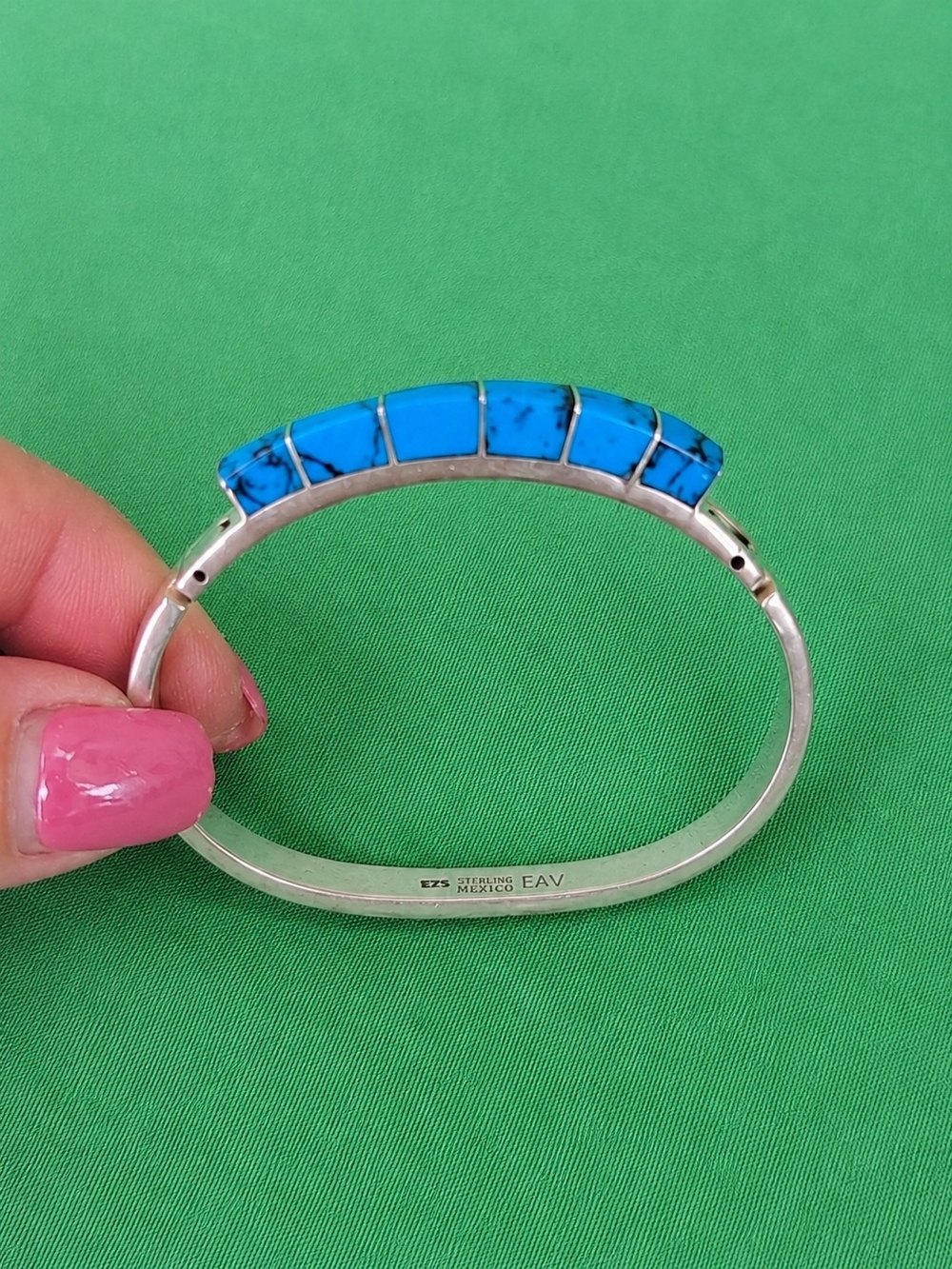 Vintage BJS John 925 Sterling Silver Turquoise Inlay Hinged Bangle Bracelet - Picture 2 of 10